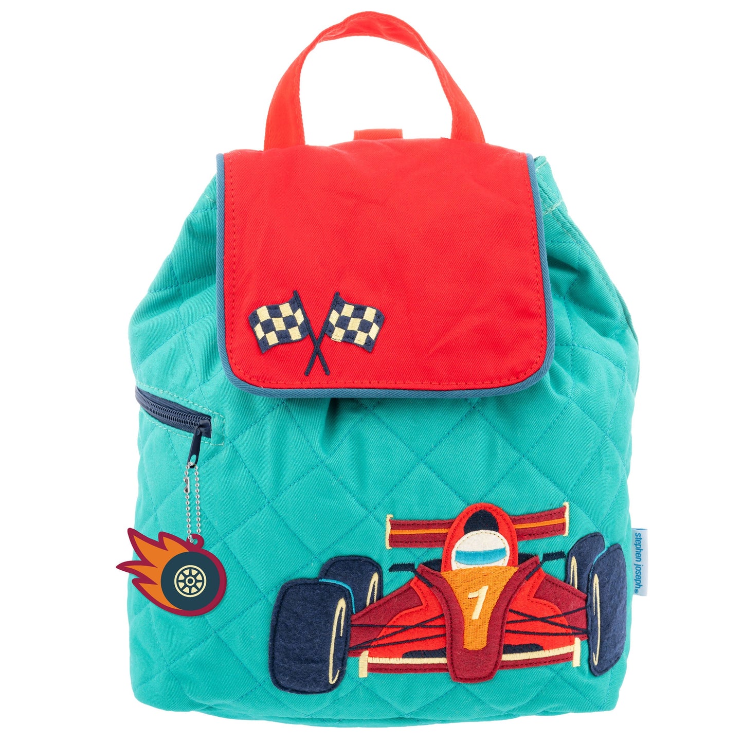 Quilted toddler backpack with embroidered racecar design