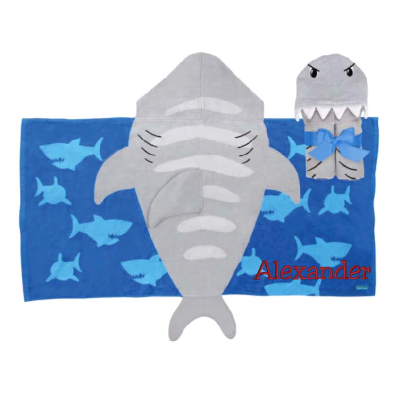 Personalized Gray Shark hooded towel by Stephen Joseph - front view with embroidered name