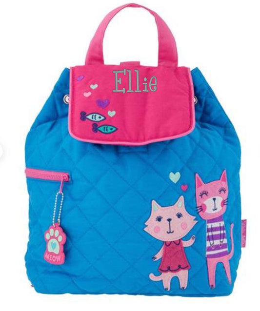 Teal Cats quilted backpack, close-up of embroidered design detail