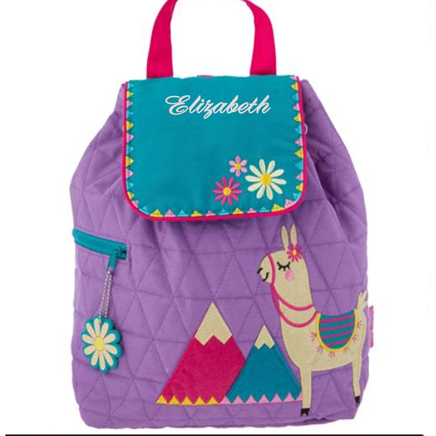 Llama quilted backpack, close-up of embroidered design detail