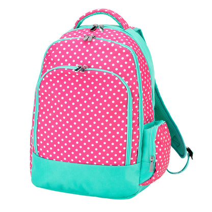 Pink Dottie backpack with white polka dots, mint trim and side pockets
