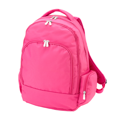 Hot pink kids backpack with front zipper pocket and side pockets