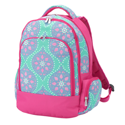 Marlee backpack with mint geometric floral print and pink trim
