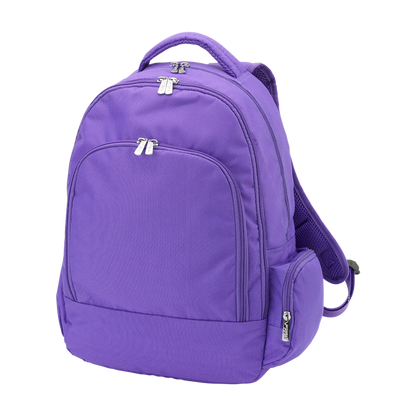 Purple kids backpack with front zipper pocket and side pockets