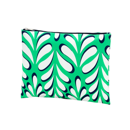 Green and white leaf-print zipper pouch on a white background