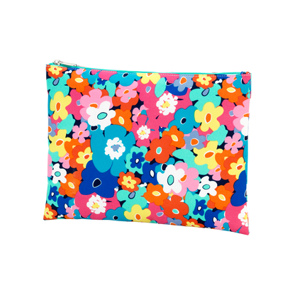 Multicolor floral zipper pouch on a white background