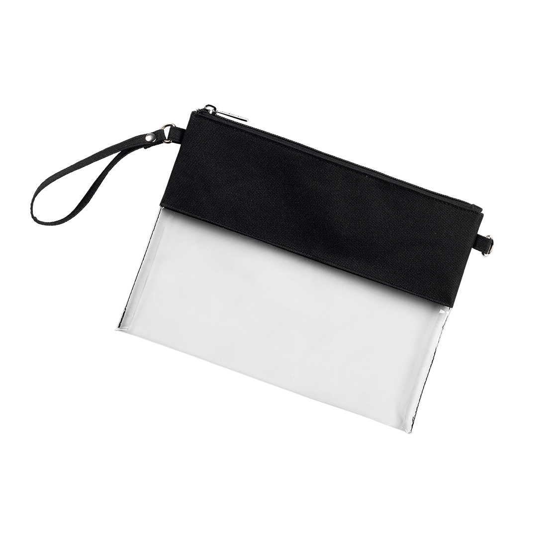 Clear bag with black trim, front view with wrist strap