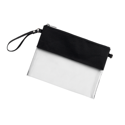 Clear bag with black trim, front view with wrist strap