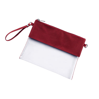 Clear bag with garnet trim, front view with wrist strap