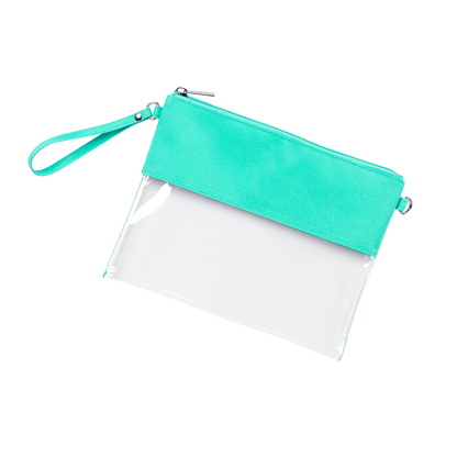 Clear bag with mint trim, front view with wrist strap