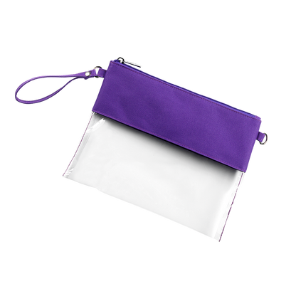 Purple clear crossbody wristlet with matching strap and silver hardware
