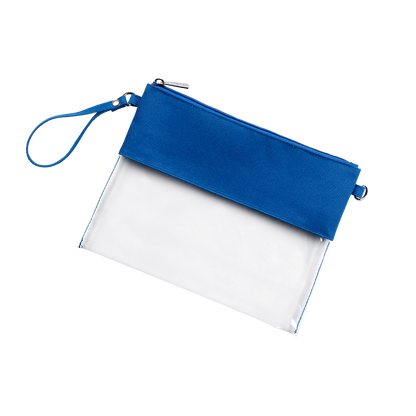 Clear bag with royal blue trim, front view with wrist strap