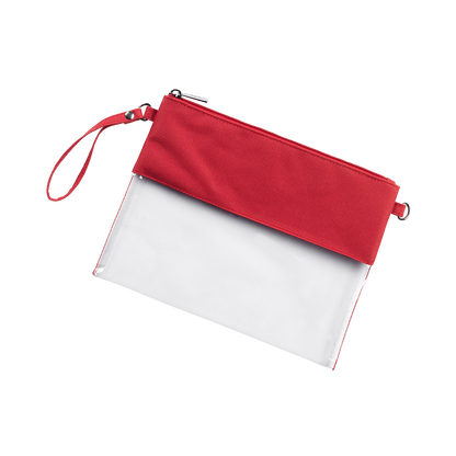 Clear bag with red trim, front view with wrist strap