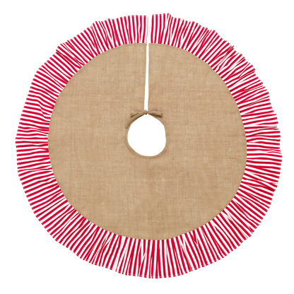 Round natural burlap Christmas tree skirt with red and white striped ruffle shown flat