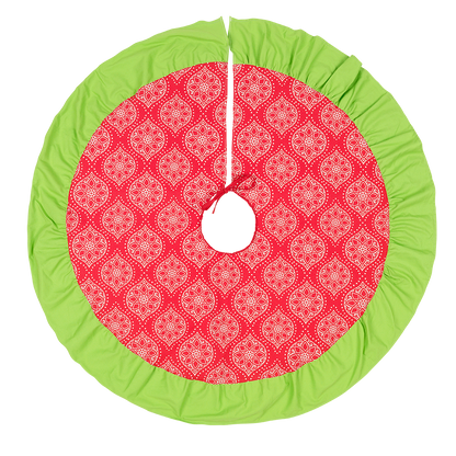 Round red and white patterned Noel Christmas tree skirt with green ruffled border shown flat