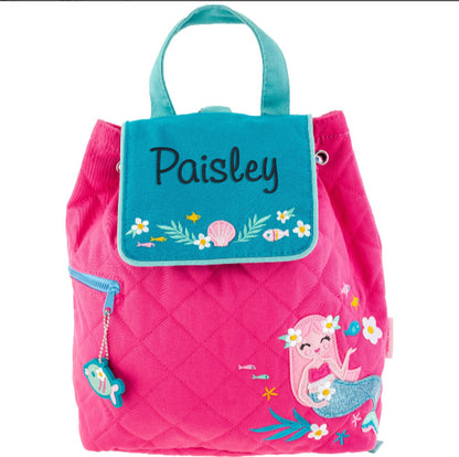 Pink Mermaid quilted backpack, embroidered design front view