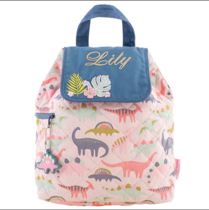 Pink Dinosaur quilted backpack, close-up of embroidered design detail