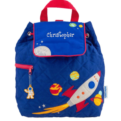 Space quilted backpack, close-up of embroidered design detail