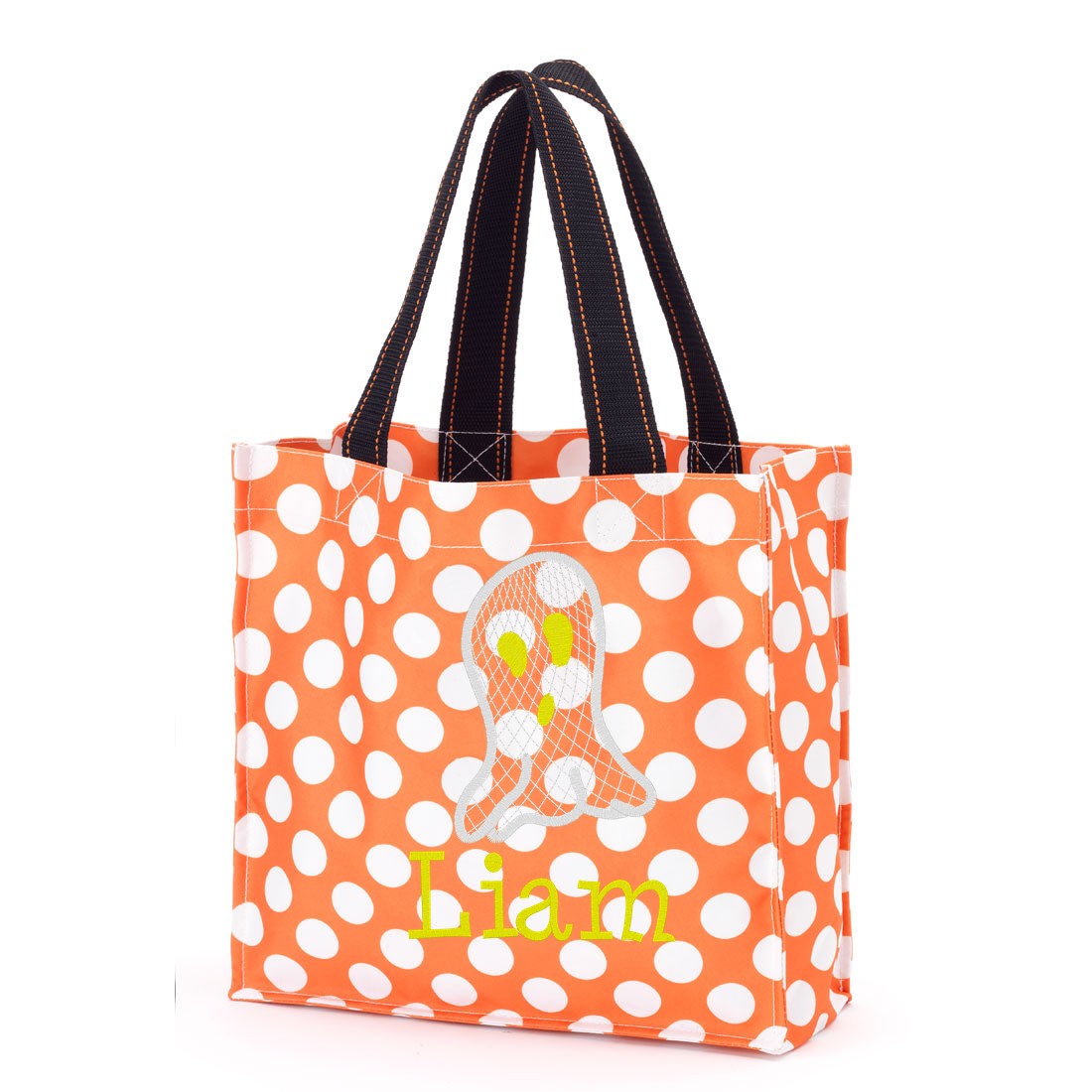 Orange polka-dot trick-or-treat bag with black handles, embroidered white ghost and "Liam" in yellow lettering