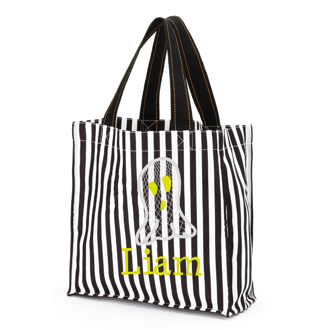 Black and white striped Halloween trick-or-treat bag with black handles, embroidered white ghost and "Liam" in yellow lettering