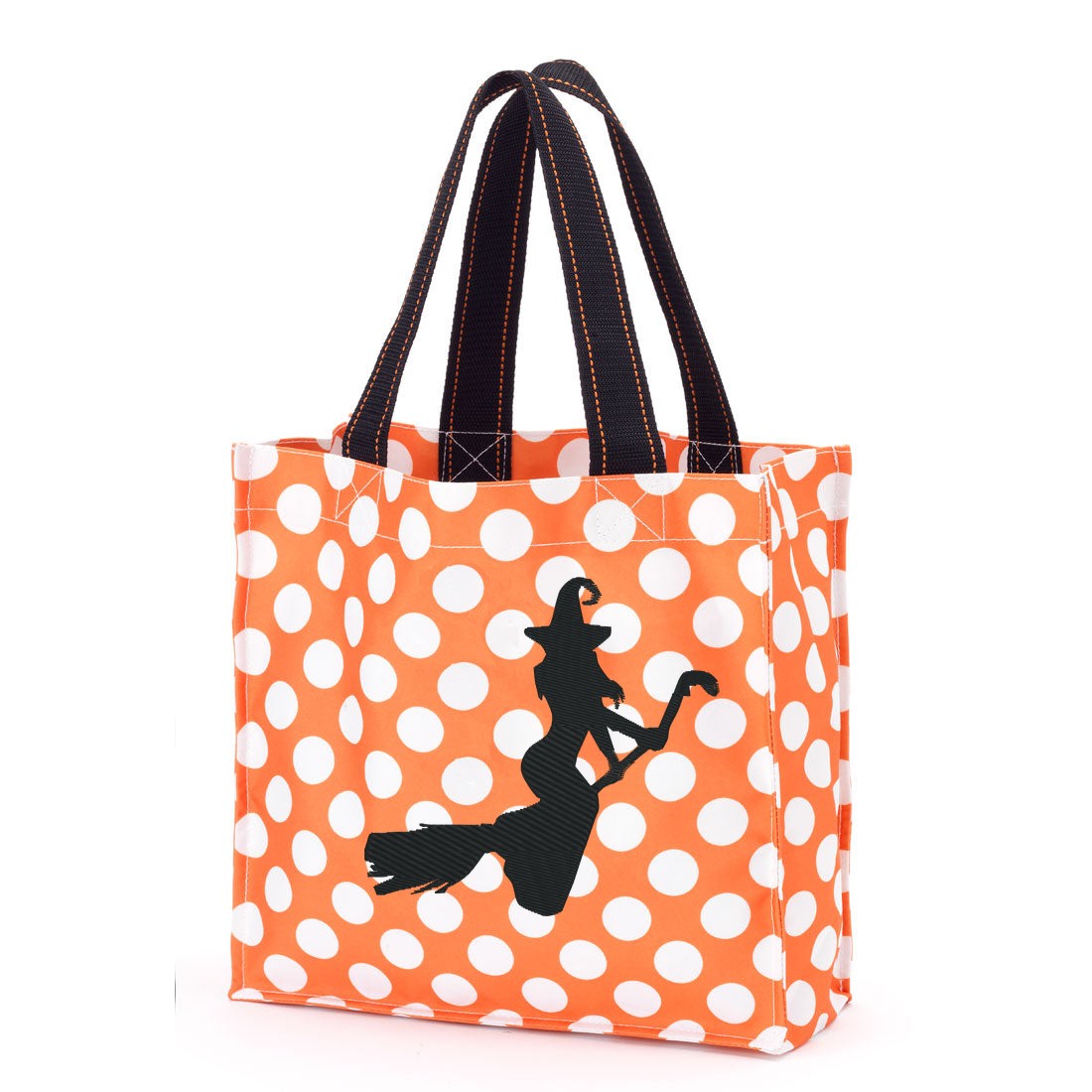 Orange polka-dot trick-or-treat bag with black handles and an embroidered black witch flying on a broomstick