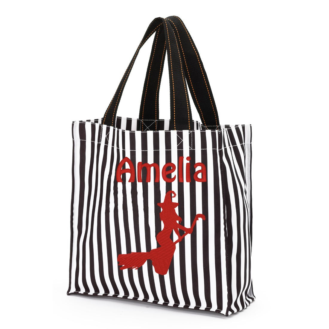 Black and white striped Halloween trick-or-treat bag with a red embroidered flying witch and "Amelia" in red lettering