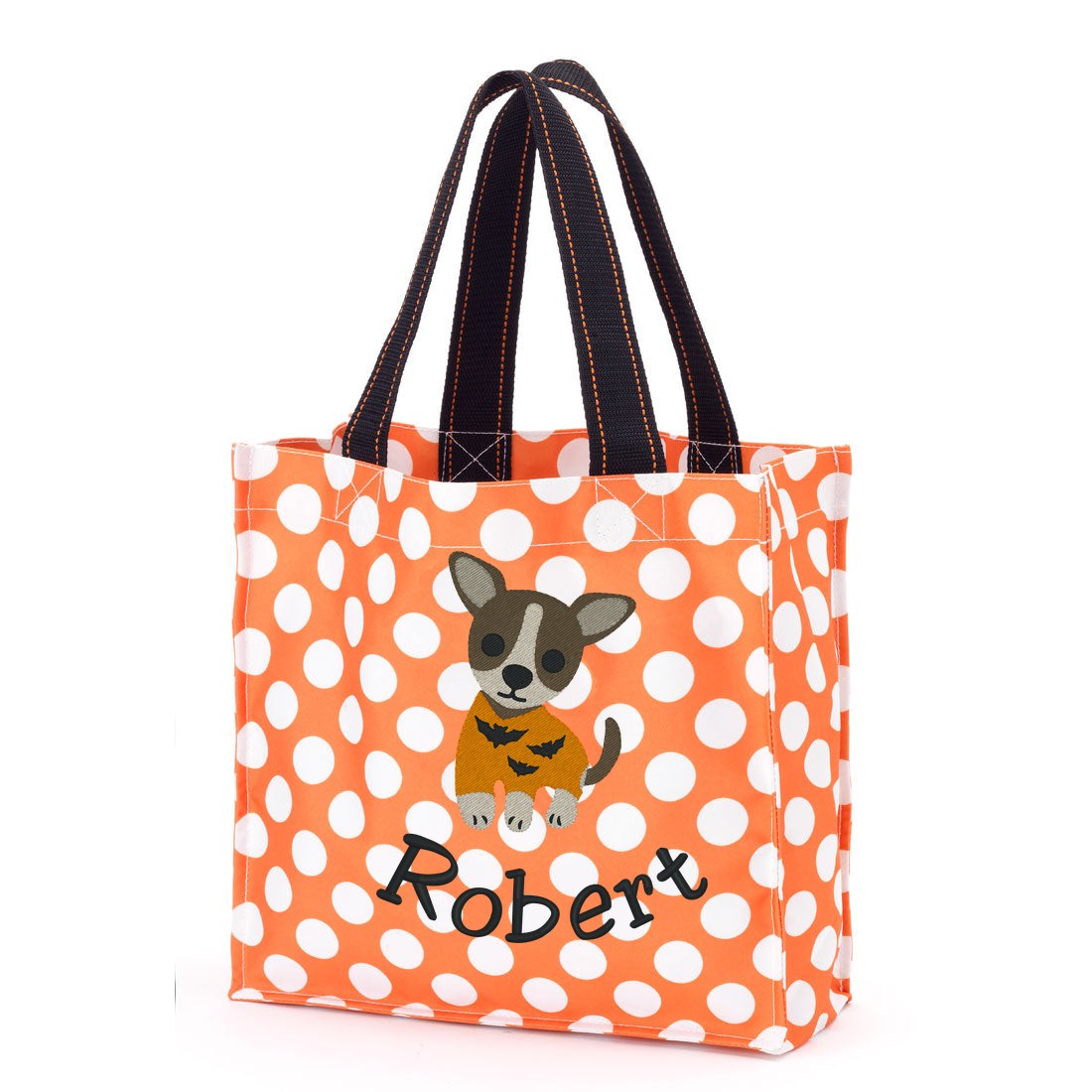 Orange polka-dot trick-or-treat bag with an embroidered chihuahua in an orange bat sweater and "Robert" in black lettering