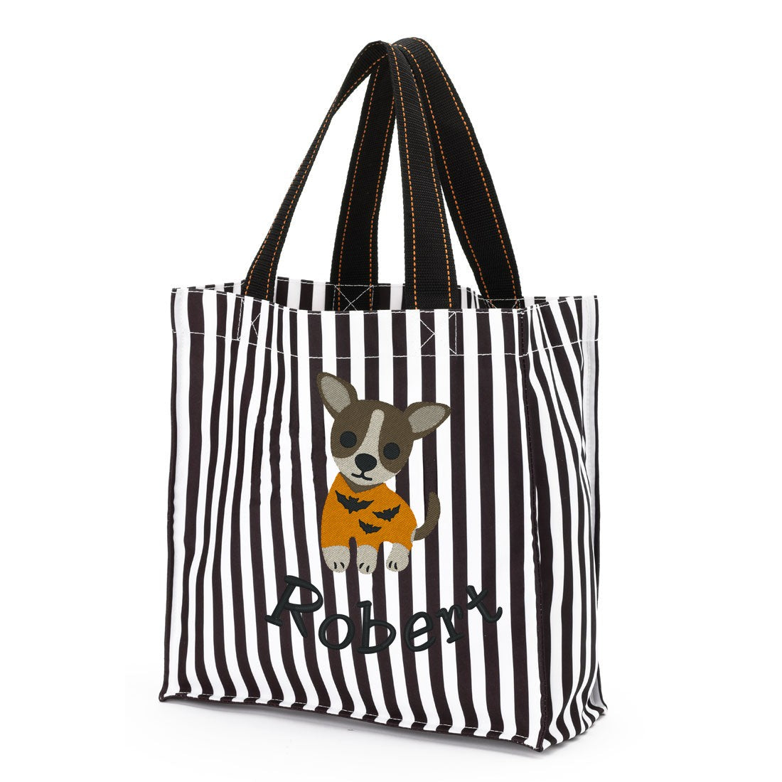 Black and white striped Halloween trick-or-treat bag with an embroidered chihuahua in an orange bat sweater and a name below