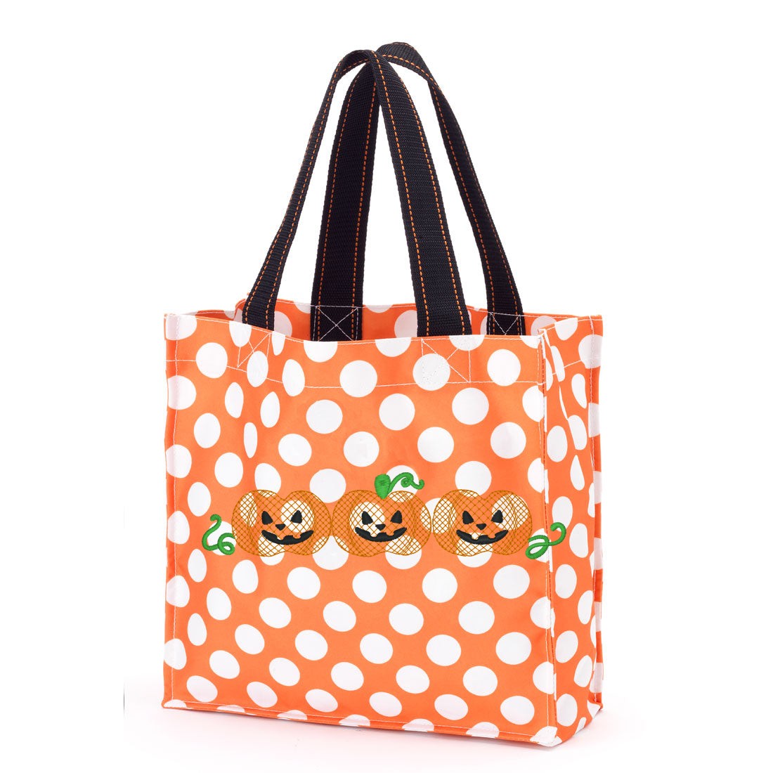 Orange polka-dot trick-or-treat bag with a row of three embroidered jack-o'-lanterns and green vines