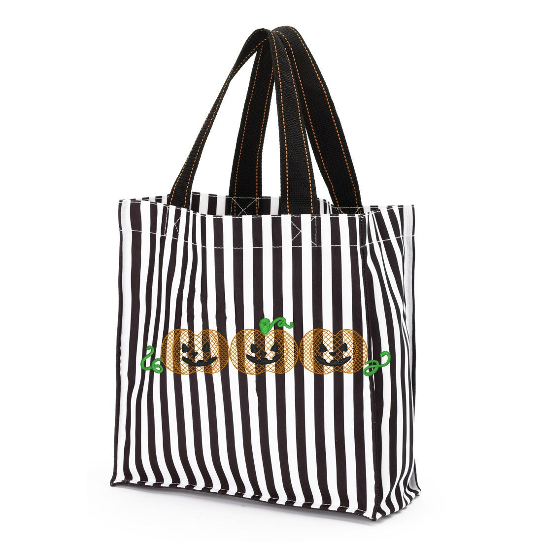 Black and white striped Halloween trick-or-treat bag with a row of three embroidered jack-o'-lanterns and green vines