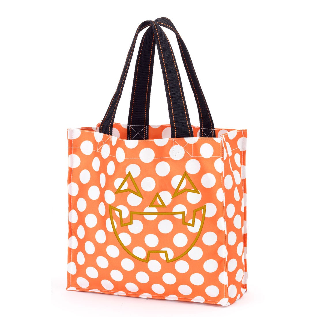 Orange polka-dot trick-or-treat bag with black handles and an orange embroidered jack-o'-lantern face outline