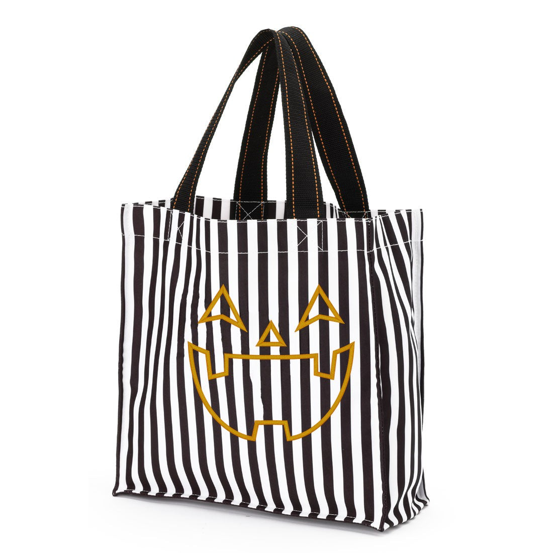 Black and white striped Halloween trick-or-treat bag with an orange embroidered jack-o'-lantern face outline