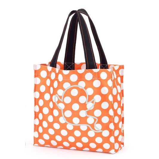Orange polka-dot trick-or-treat bag with black handles and a white embroidered ghost outline
