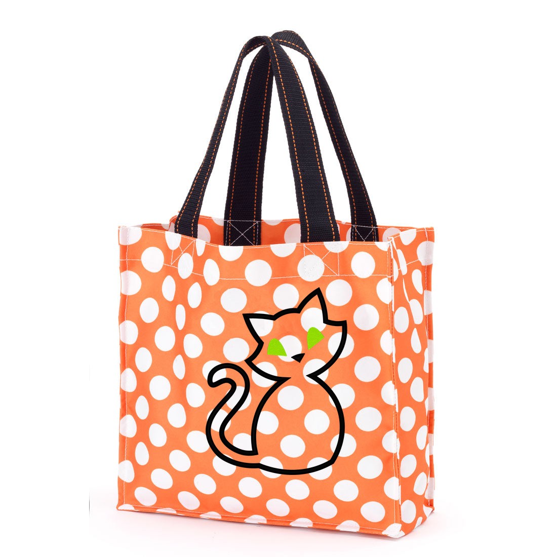 Orange polka-dot trick-or-treat bag with black handles and an embroidered black cat outline with green eyes