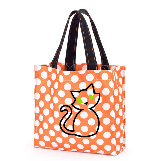 Orange polka-dot trick-or-treat bag with black handles and an embroidered black cat outline with green eyes
