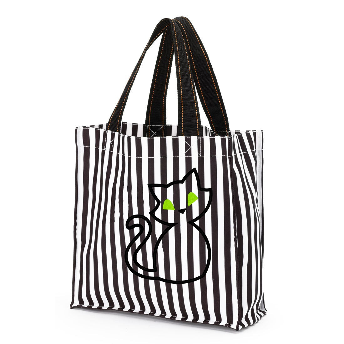 Black and white striped Halloween trick-or-treat bag with an embroidered black cat outline with green eyes