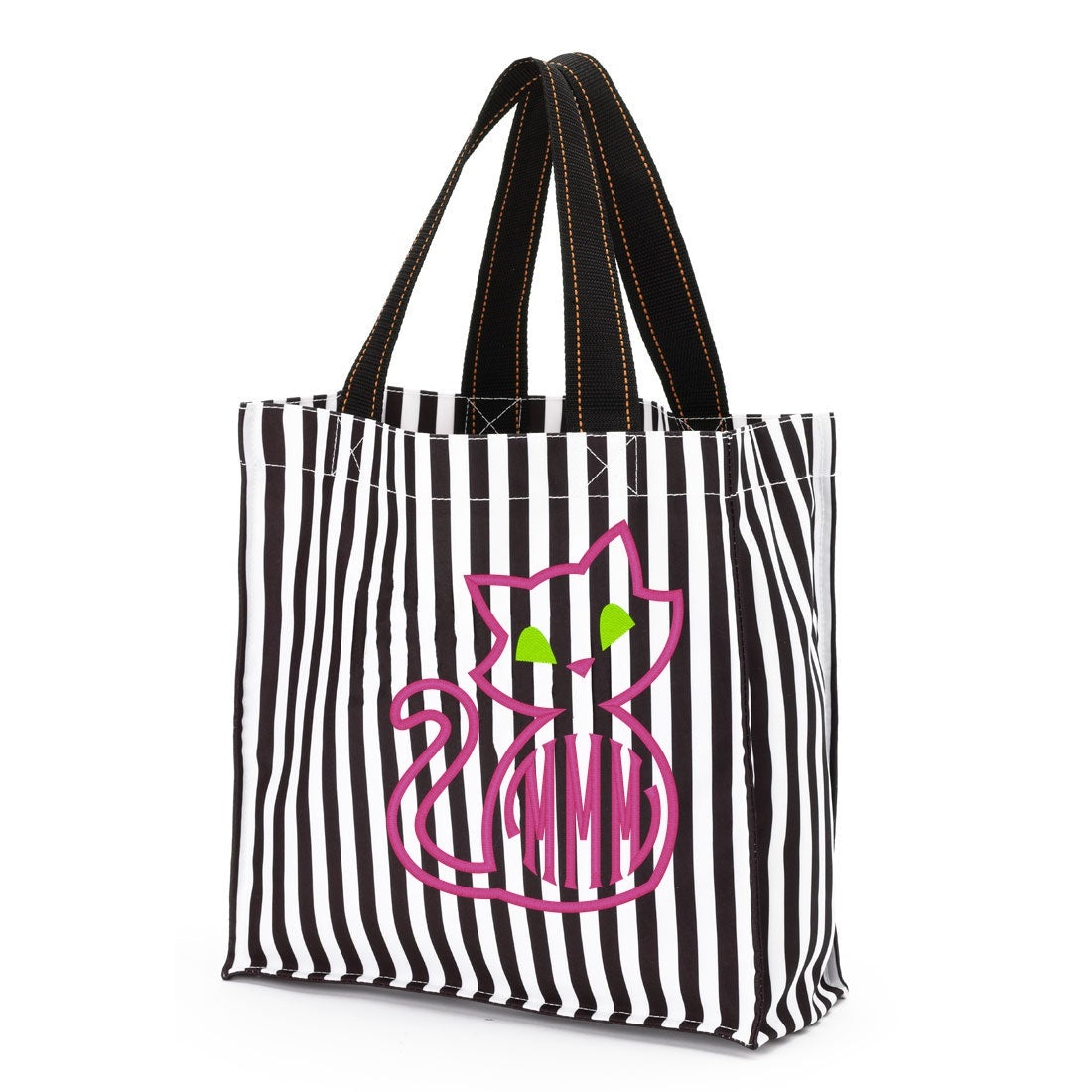 Black and white striped Halloween trick-or-treat bag with a neon pink embroidered cat outline, green eyes and a monogram inside