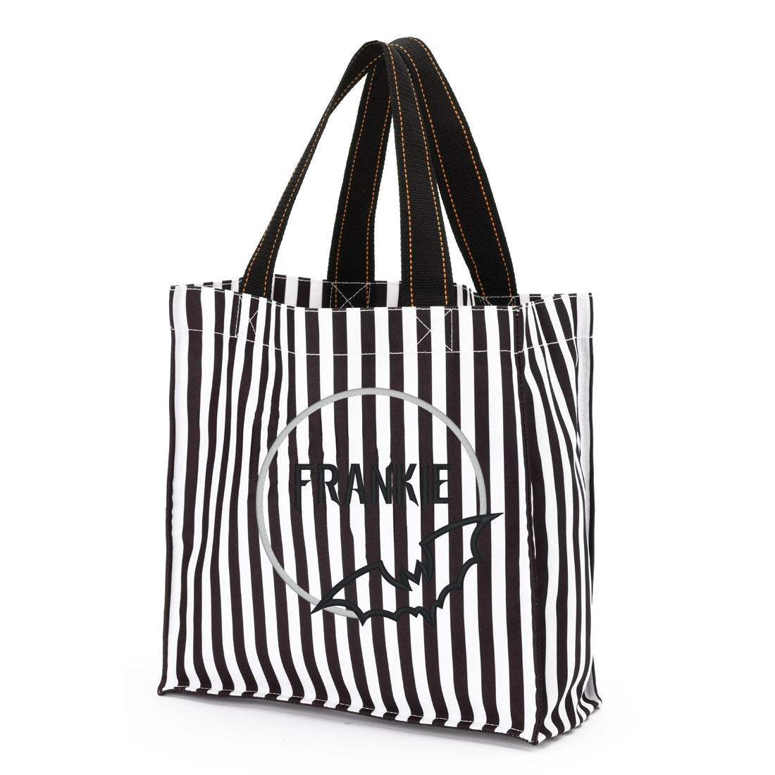 Black and white striped Halloween trick-or-treat bag with an embroidered silver moon, a black bat and a name inside