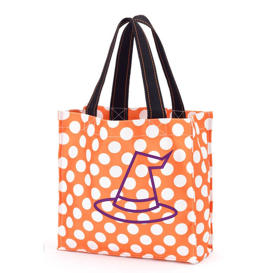 Orange polka-dot trick-or-treat bag with black handles and a purple embroidered witch hat outline