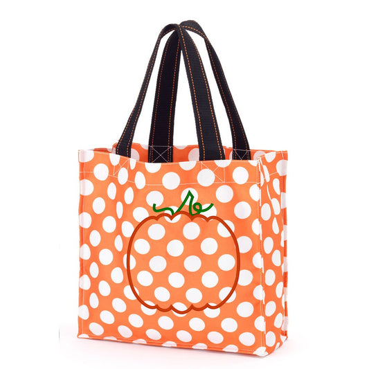 Orange polka-dot trick-or-treat bag with black handles and an embroidered orange pumpkin outline with a green stem