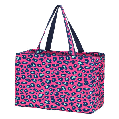 Pink leopard-print oversized tote with dark handles