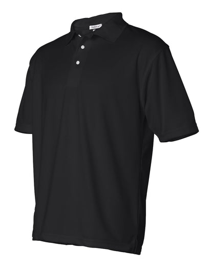 Black short-sleeved mesh polo shirt with a collar, two-button placket, and white buttons.
