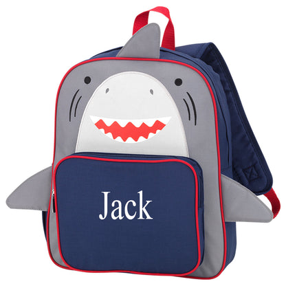 Shark preschool backpack embroidered with Jack on its navy front pocket