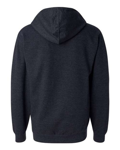 Back view of a dark heathered navy blue hooded sweatshirt with long sleeves and a plain back.