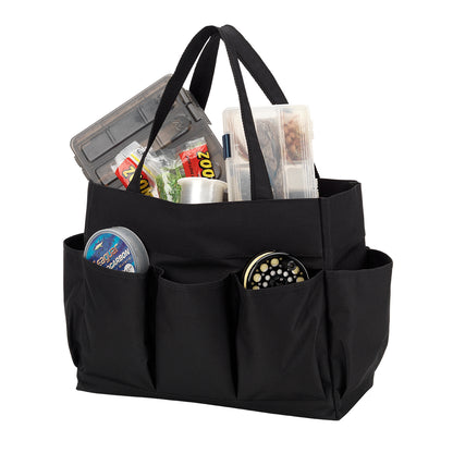 Black carryall tote filled with craft and household supplies