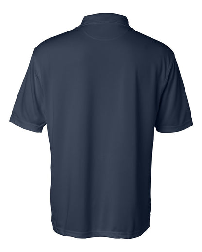 Back view of a navy blue short-sleeved mesh sport shirt with a collar and no visible logos.
