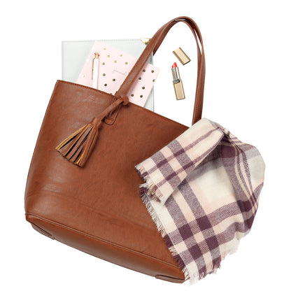 Camel Aubrey tote holding a notebook with a scarf draped over the side