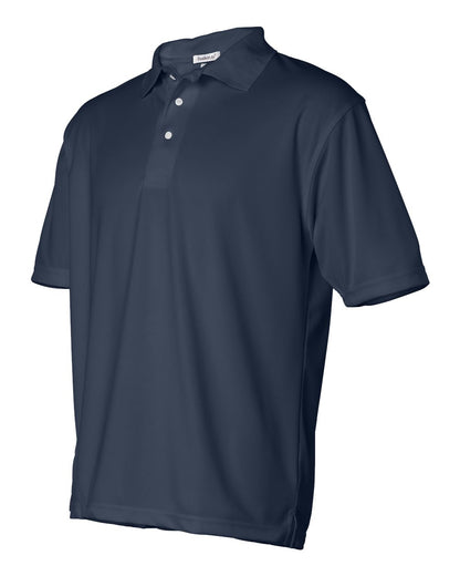 Navy blue short-sleeved mesh polo shirt with a collar and white buttons.