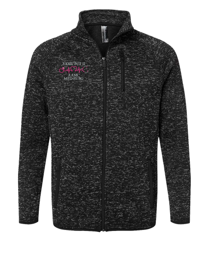 Black and grey speckled knit jacket with pink stethoscope embroidery and name JODIE PCT IT AAMC MED-SURG