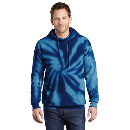 Man wearing a navy blue tie-dye pullover hooded sweatshirt with drawstrings and a front pouch pocket.